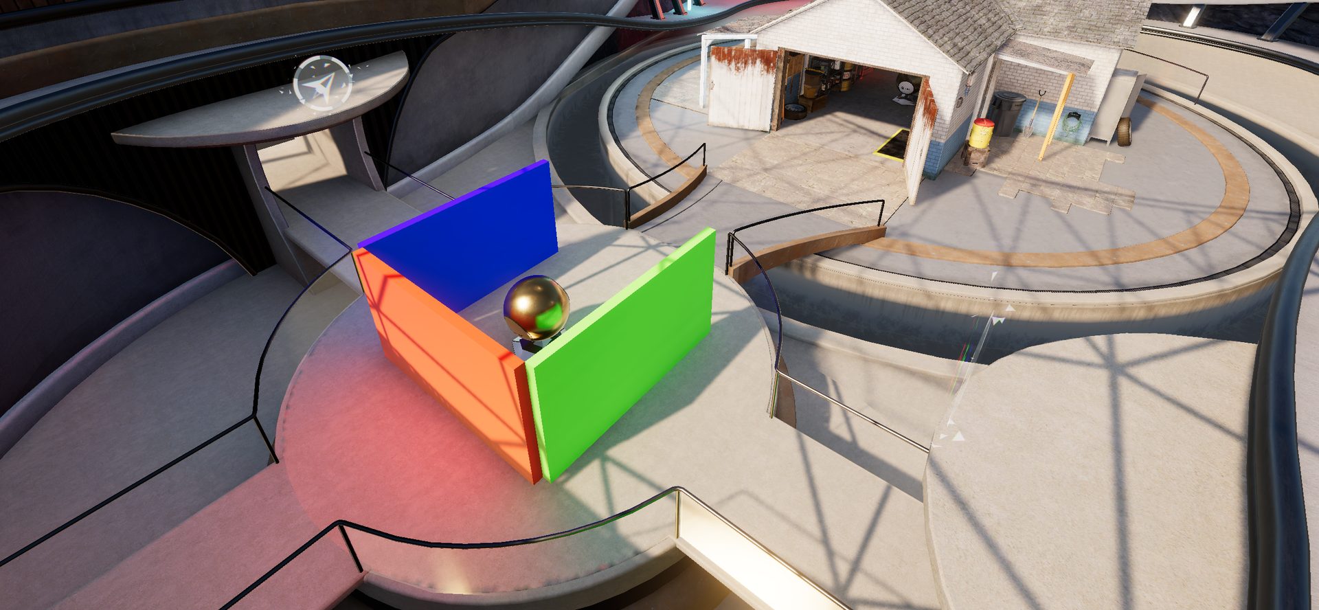 The Runtime Lightmap Baker demo scene: a sunlit pavilion with coloured bounce panels and a chrome sphere, lit entirely by lightmaps baked at runtime.